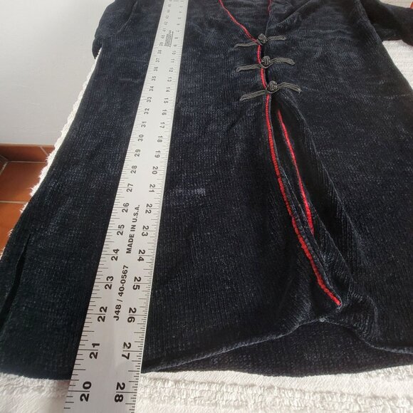 Margaret OLeary Black Chenille Long Cardigan Jacket With Red Trim & Frog Closure - Picture 7 of 7